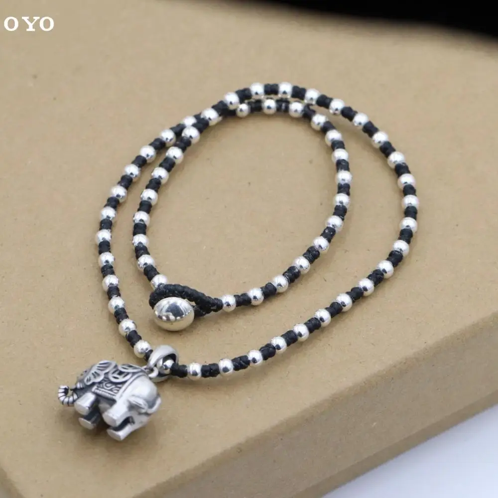 

Thai hand-woven wax rope clavicle chain 925 sterling silver necklace female round bead silver beads baby elephant transfer beads