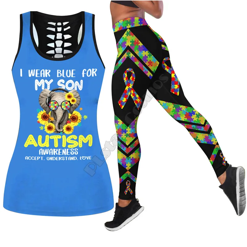 Follow Autism 3D Printed Hollow Out Tank Legging Suit sexy Yoga Fitness Soft Legging Summer Women For Girl