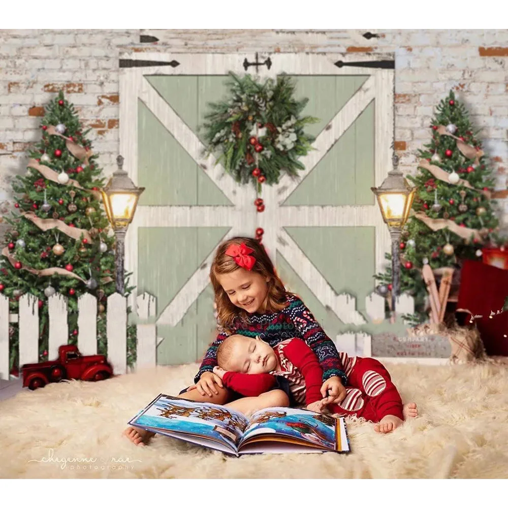 Christmas Snow Photography Backdrop Winter Christmas Trees Bells Background Retro Door Brick Wall Portrait Green Wreath Studio