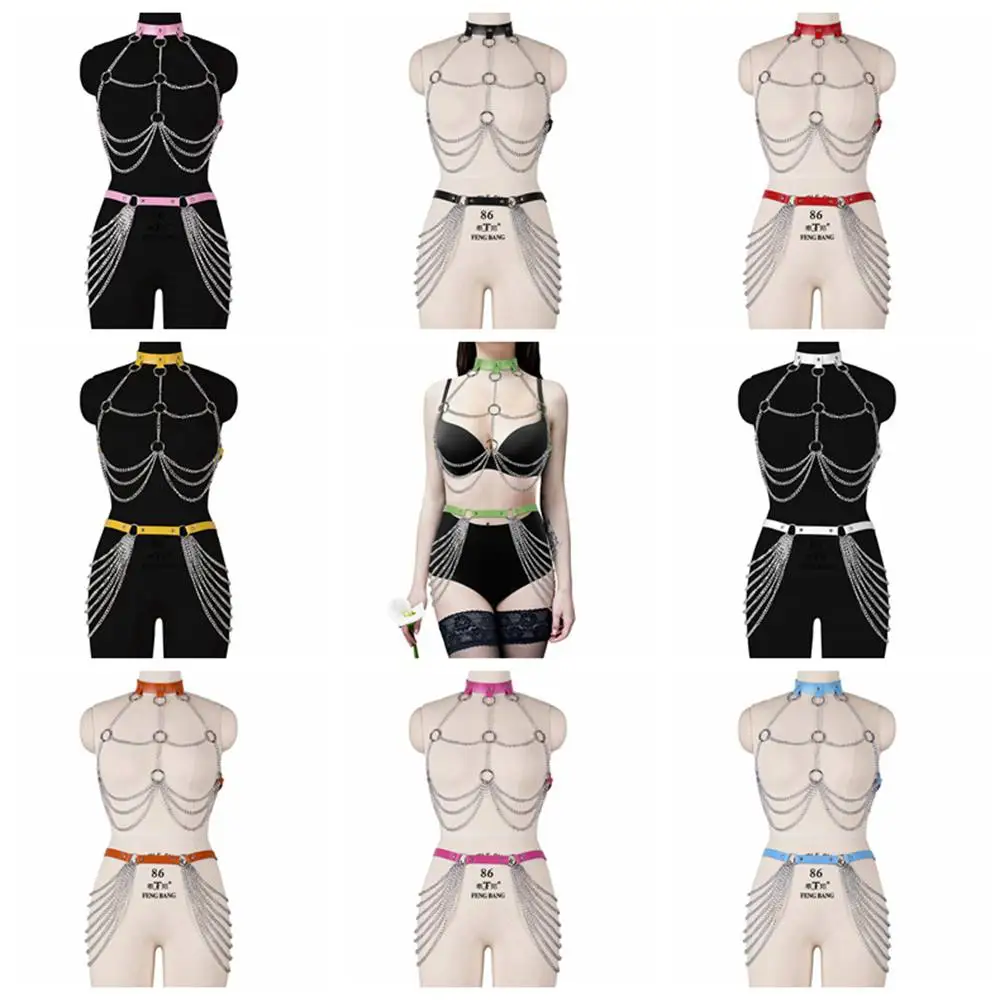 

Harajuku Harness Women's Belt Metal Chain Punk Dance Rave Garters Sexy Lingerie Set PU Leather Cage Bra Adjust Waist Suspender