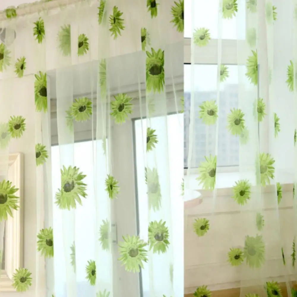 1Pc Sunflower Print Curtain Breathable Translucent Tulle Curtain Home Balcony Decor Living Room Bedroom Window Curtain