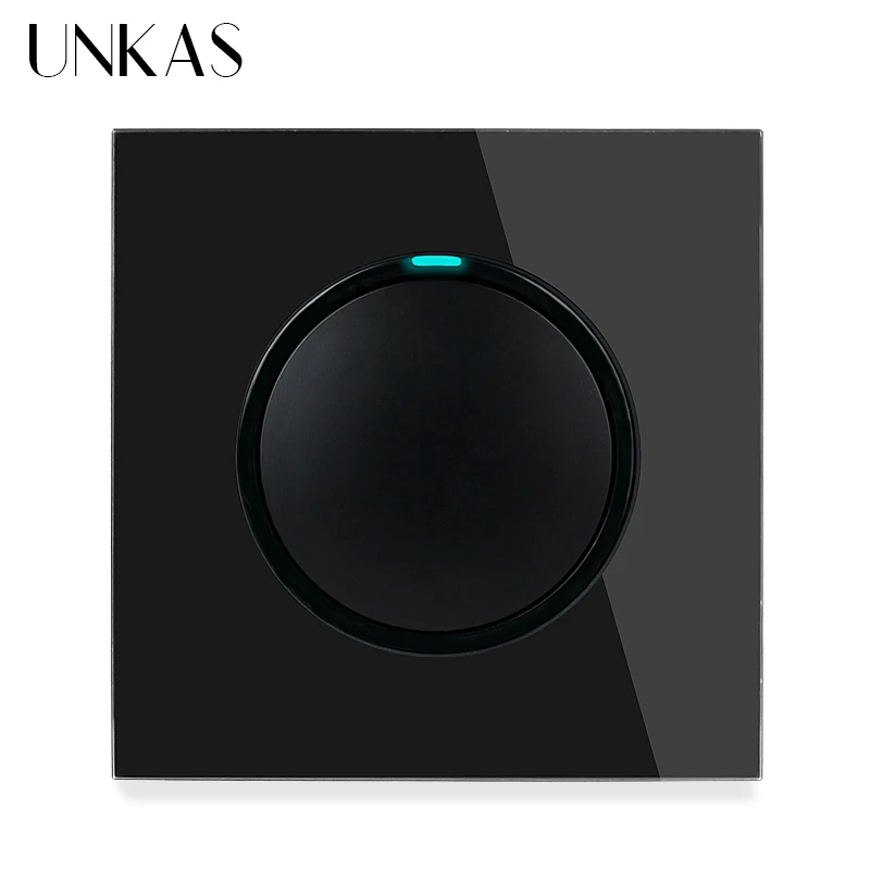 UNKAS Grey 1 2 3 4 Gang 1 / 2 Way Random Click On / Off Pass Through Wall Light Switch LED Indicator Gray Crystal Glass Panel