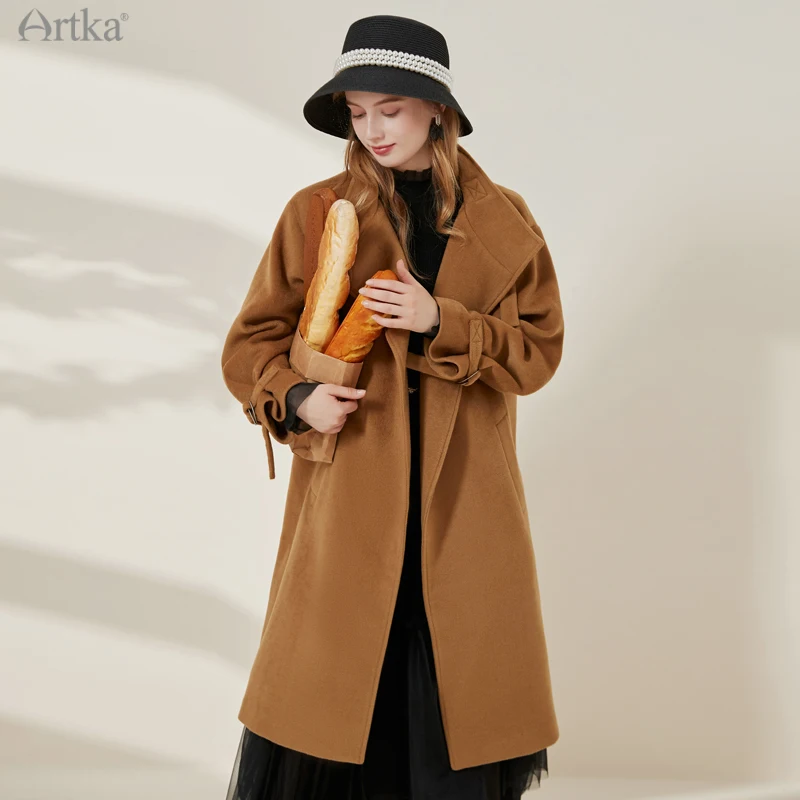 ARTKA 2021 Winter New Fashion Simple Woolen Coat Women Long Loose Thicken Woolen Outerwear With Genuine Leather Belt FA25011D