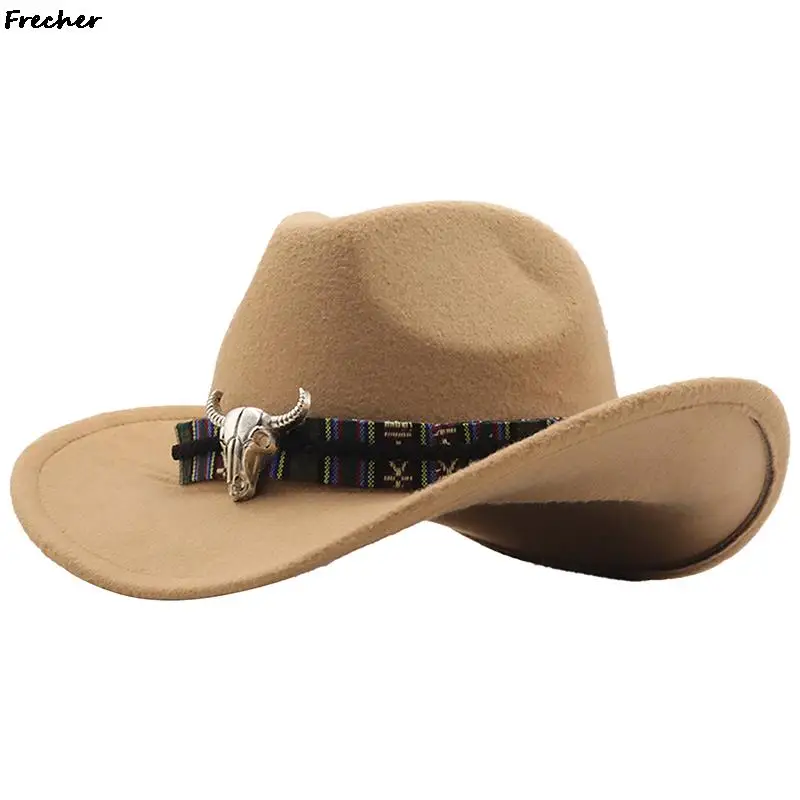 Fashion Men Women Western Cowboy Hat With Cow Head Band Wide Brim Hat Pop Jazz Hat Winter Wool Hat Size 56-58CM