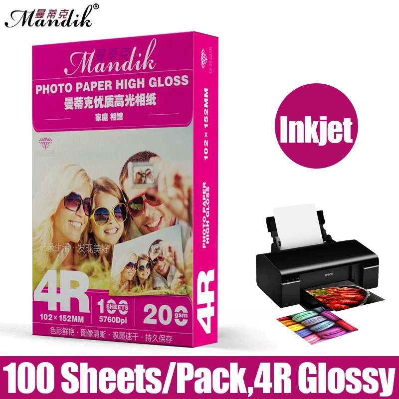 100 Sheets 200gsm Glossy Finished Photographic Inkjet Paper 4R Size One Side Glossy Paper 100% Pure Wood Pulp