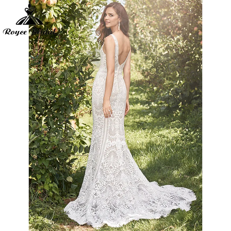 Charming Meerjungfrau Boho Hochzeit Kleider mit Zurück Tasten Tank Spitze Ärmellose Tiefen V Ansatz Backless Sweep Zug Braut Kleid 2022