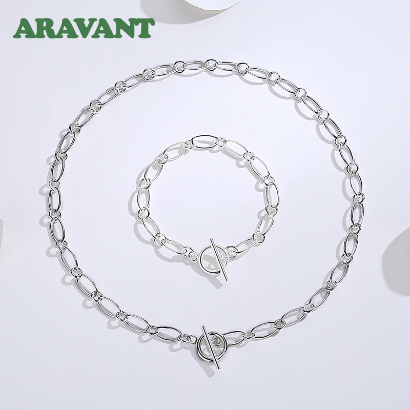 Aravant 925 Silver Simple OT Buckle Necklace Bracelet Chains Set For Women Fashion Jewelry