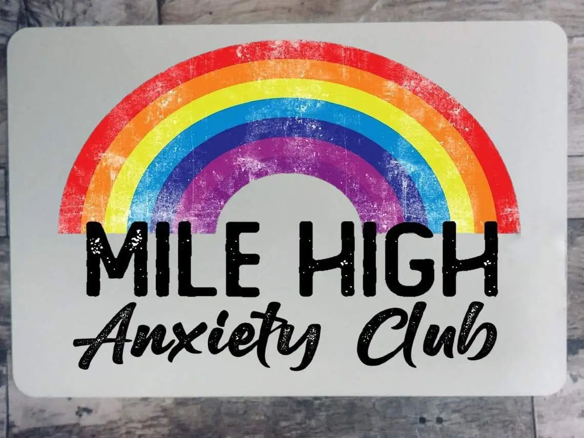 

High Anxiety Club Rainbow Metal Sign Funny White Elephant Gift Present for Mom for Her Antisocial Introvert Home Vintage Bedroom