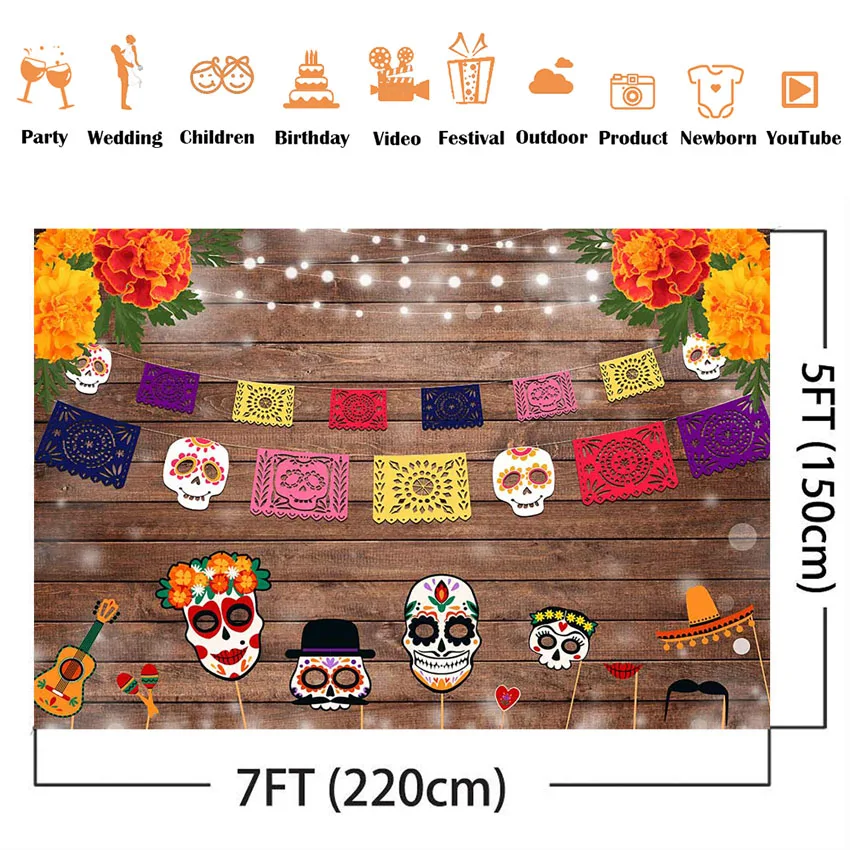 Photography Background Day of The Dead Mexican Fiesta Rustic wooden floor Dia DE Los Muertos Birthday Party Backdrop