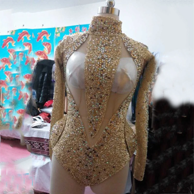 Sexy clube noturno terno feminino bodysuit completo-diamante transparente lantejoulas macacão feminino gogo traje rave outfits stage wear xs2411