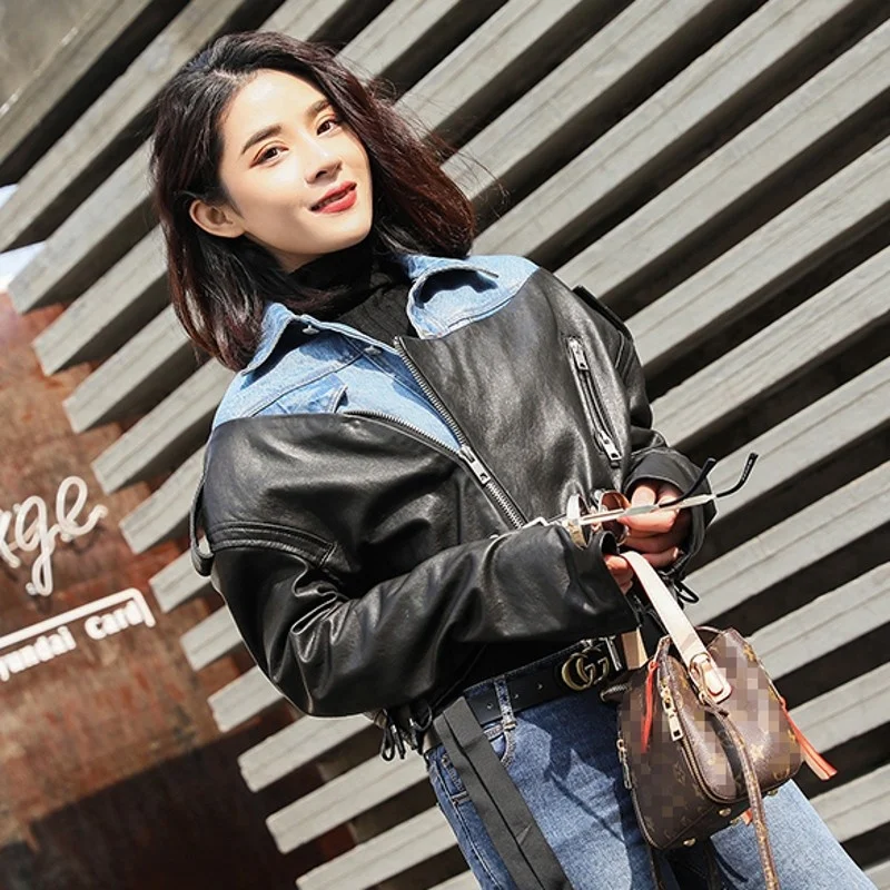 Women Designer Short Denim Spliced Sheepskin Genuine Leather Jacket Belted Casual Streetwear Gothic Coat Motorcycle Biker Jacket