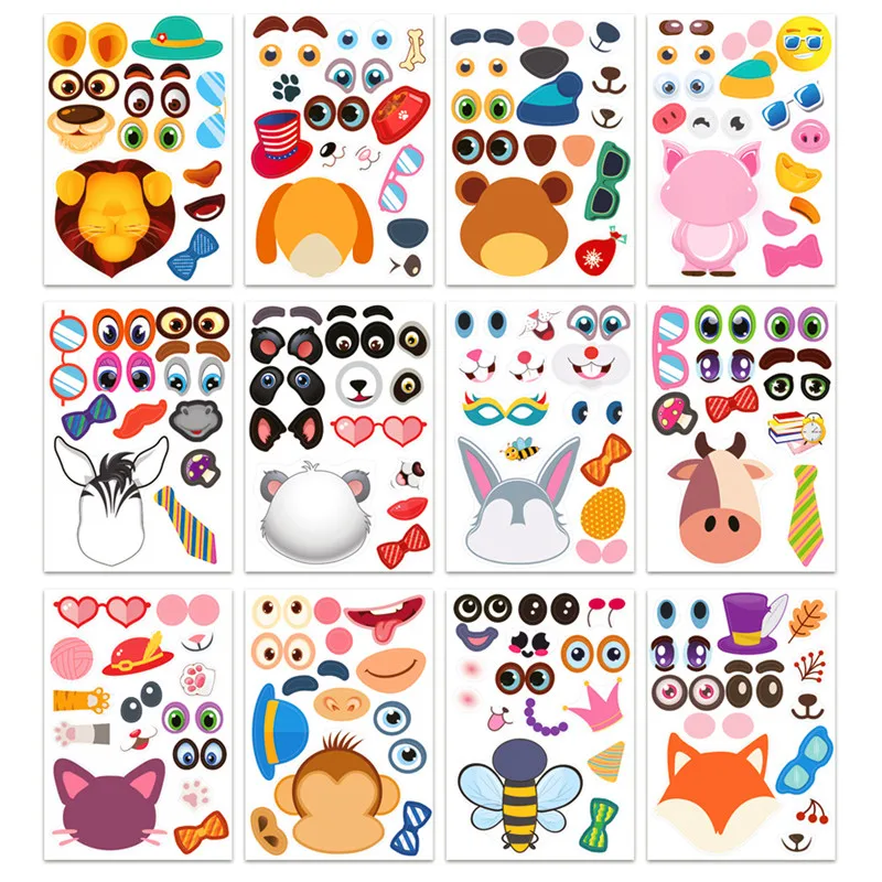 Creative Kids DIY Stickers Funny Make An Animal Face Assemble Jigsaw Children Puzzle Sticker Boys Girls Gifts Educational Toys