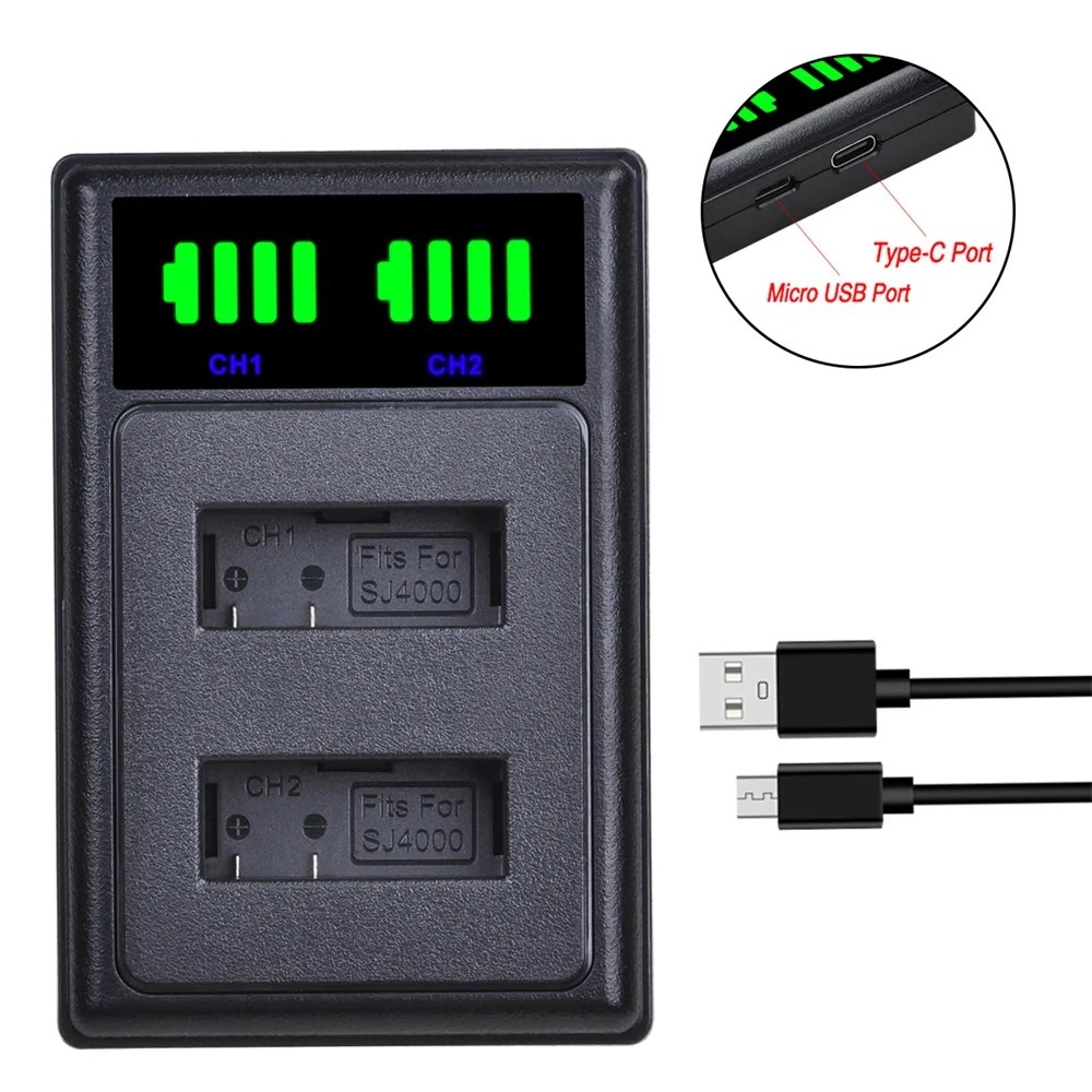 بطارية 1350mAh PG1050 SJ4000 + شاحن مزدوج LED من النوع c لـ SJCAM sj4000 sj5000 j7000 sj8000 sj9000 4K M10 EKEN H8 H8R H9