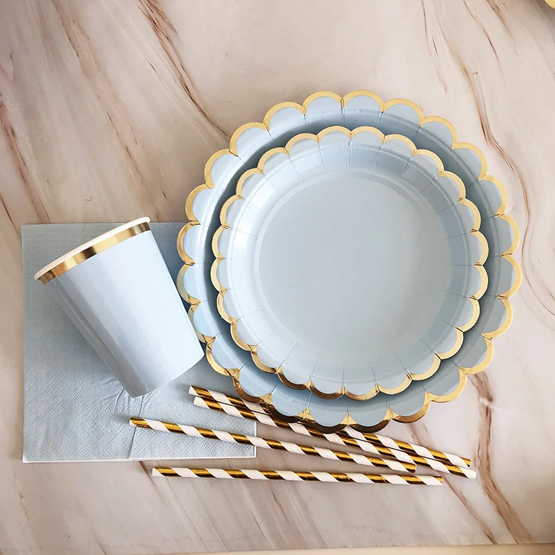 Gold Blue Party Disposable Tableware Paper Straw Cups Plates Napkins Baby Shower Favors Birthday Wedding Decor Party Supplies
