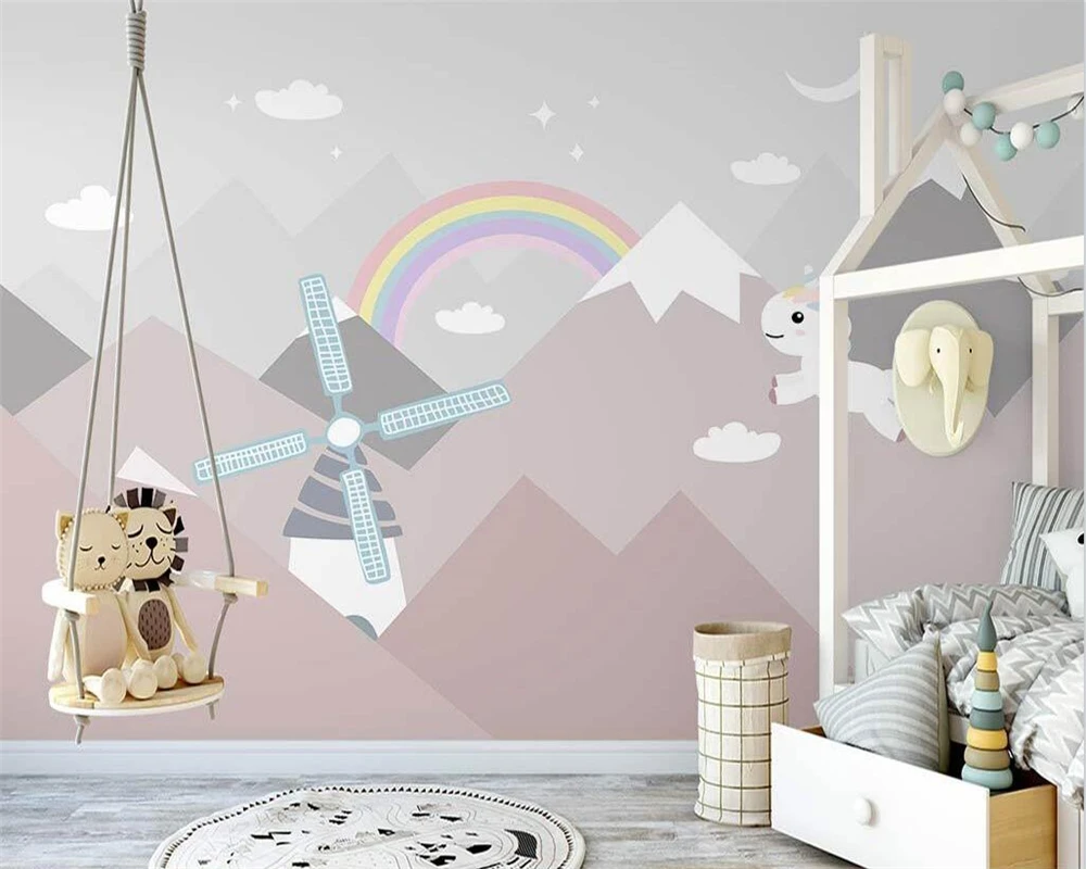 

beibehang Custom modern new Nordic hand-painted pink valley unicorn whole house princess room papel de parede wallpaper