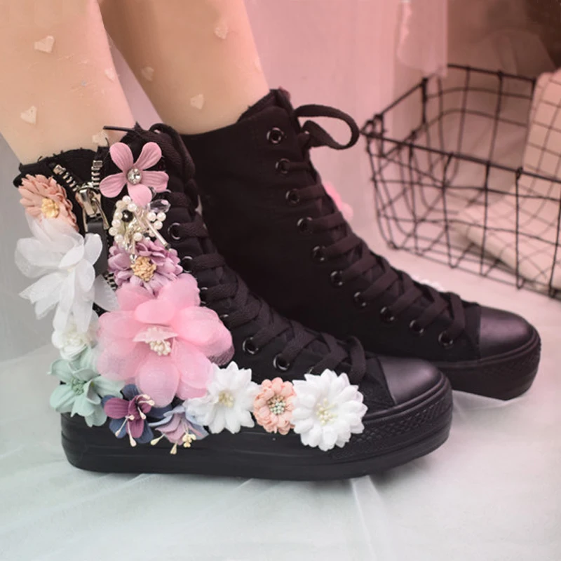 Fatto a mano dolce colorato 3D fiori piattaforma scarpe di tela da donna inverno caldo piatto/suola alta floreale nascosto scarpe Lolita tacco alto