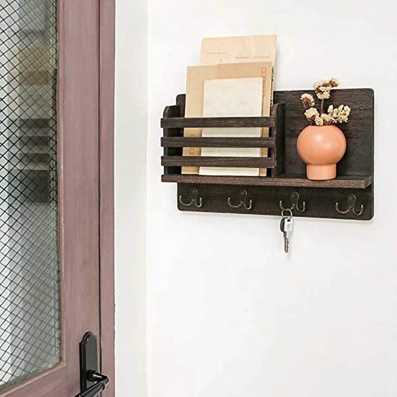 

Hot Wall Mounted Mail Holder Wooden Mail Sorter Organizer with 4 Double Key Hooks and a Floating Shelf Rustic Home Decor