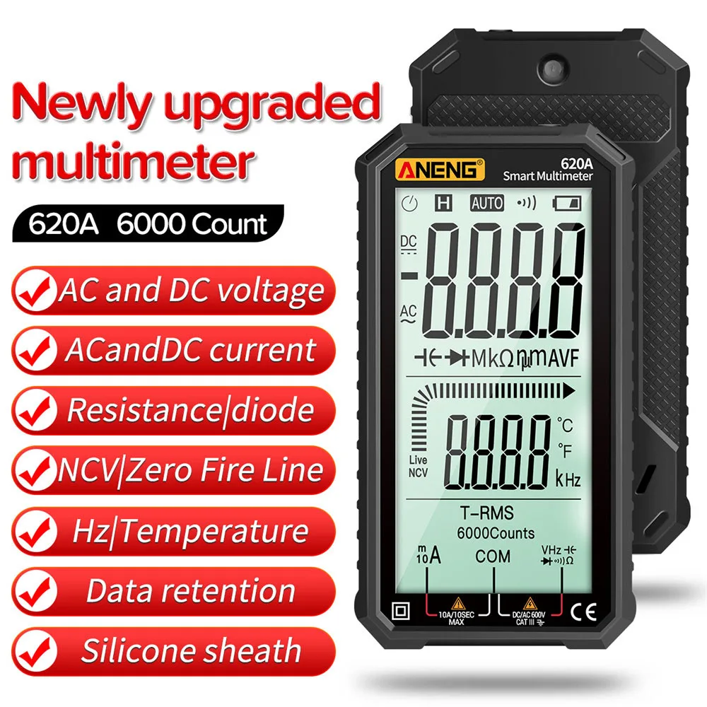 620A LCD Digital Smart Multimeter Transistor Testers 6000 Counts True RMS Auto Electrical Capacitance Meter Temp Resistance