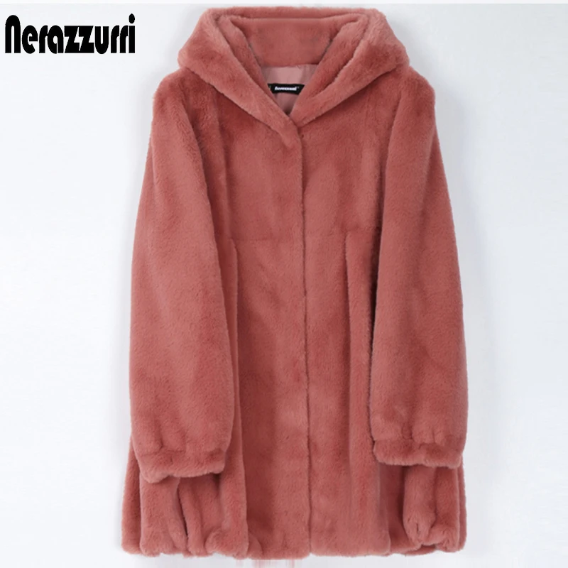 Nerazzurri Pleated light soft faux fur coat women with hood Skirted fluffy jackets for women Womens fall fashion 2022 5xl 6xl