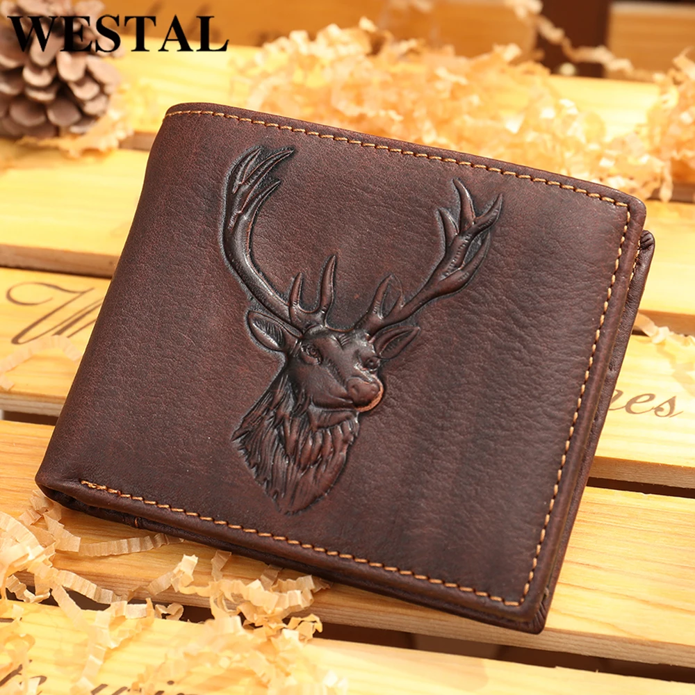 WESTAL Men's Genuine Leather Wallet With Coin Pocket  Deer Head Design Purse For Money Clips Short Wallet