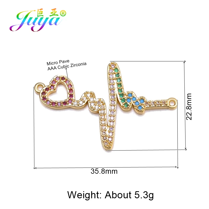 Juya DIY Micro Pave Zircon Jewelry Accessories Electrocardiogram Heartbeat Charm Connectors For Bracelets Necklace Making