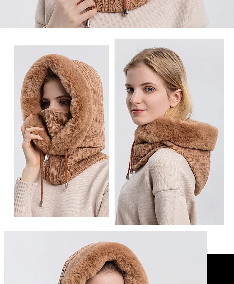 Ensemble de masques et bonnets en fourrure d'hiver pour femmes, col en cachemire tricoté, cagoule chaude, chapeau coupe-vent de Ski, bonnets épais et moelleux en peluche 200000297 Ensemble de masques et bonnets en fourrure d'hiver pour femmes, col en cachemire tricoté, cagoule chaude, chapeau coupe-vent de Ski, bonnets épais et moelleux en peluche 200000297
