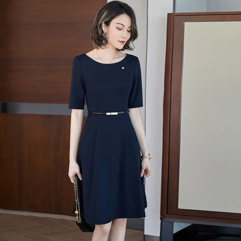 

Novelty A-line Dress with Belt for Ladies Office Work Wear Summer Short Sleeve Business Women Dresses Vestidos Career Clothes