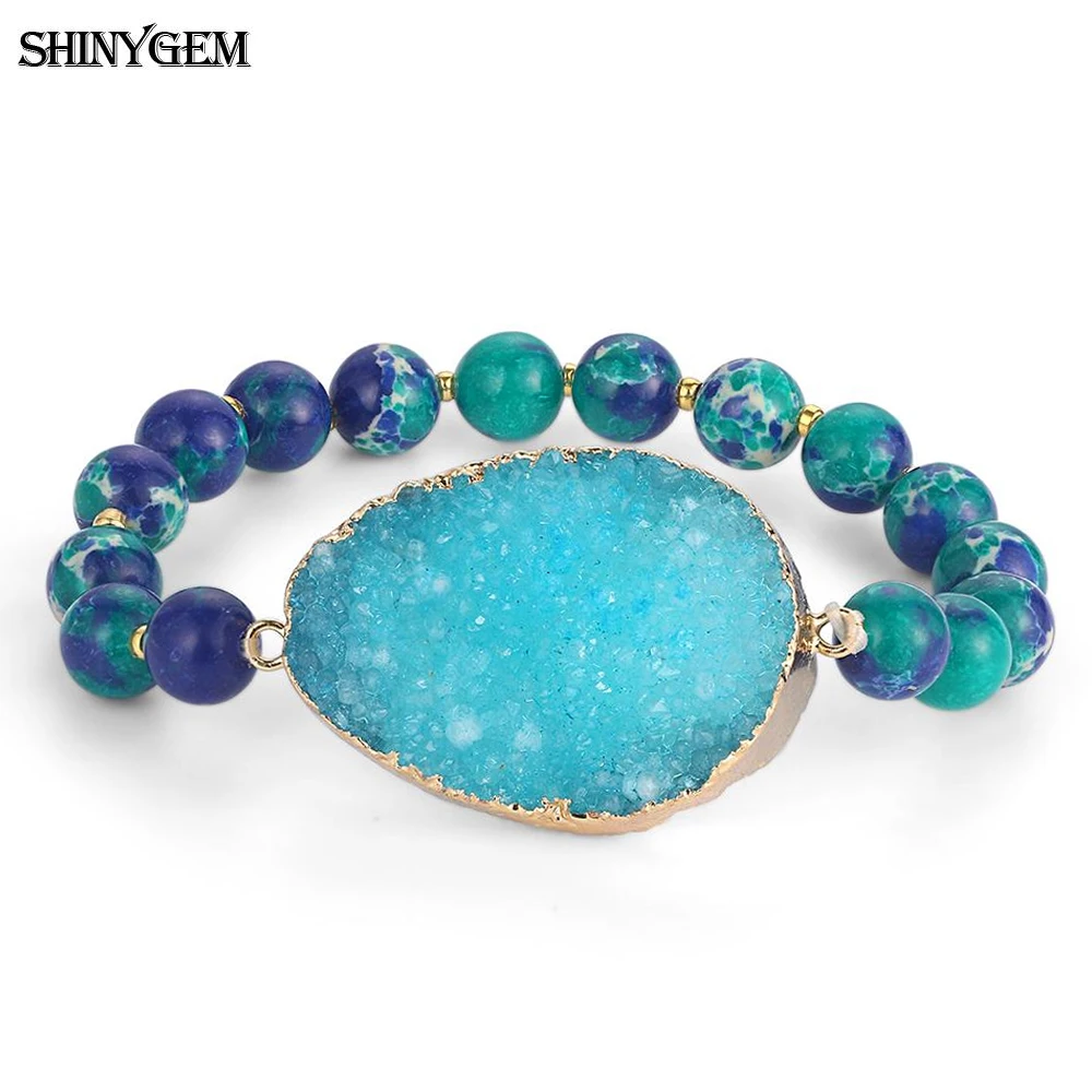 

ShinyGem New 8mm Charm Sea Sediment Snakeskin Round Bead Big Stone Natural Crystal Druzy Bracelets For Women Wedding