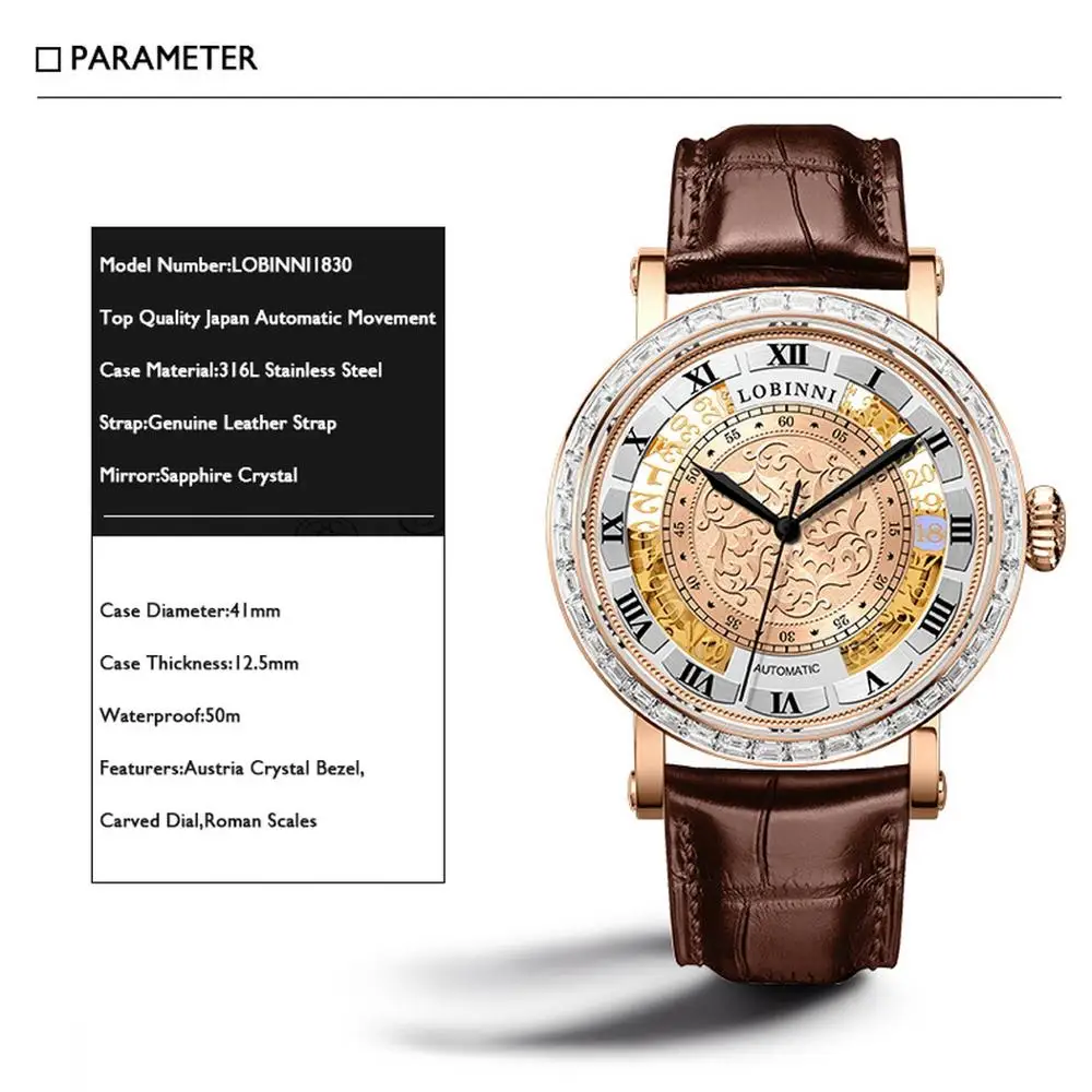 LOBINNI top luxury brand watches for men,mens automatic watch mechanical wristwatch 50m waterproof Switzerland clock sapphire