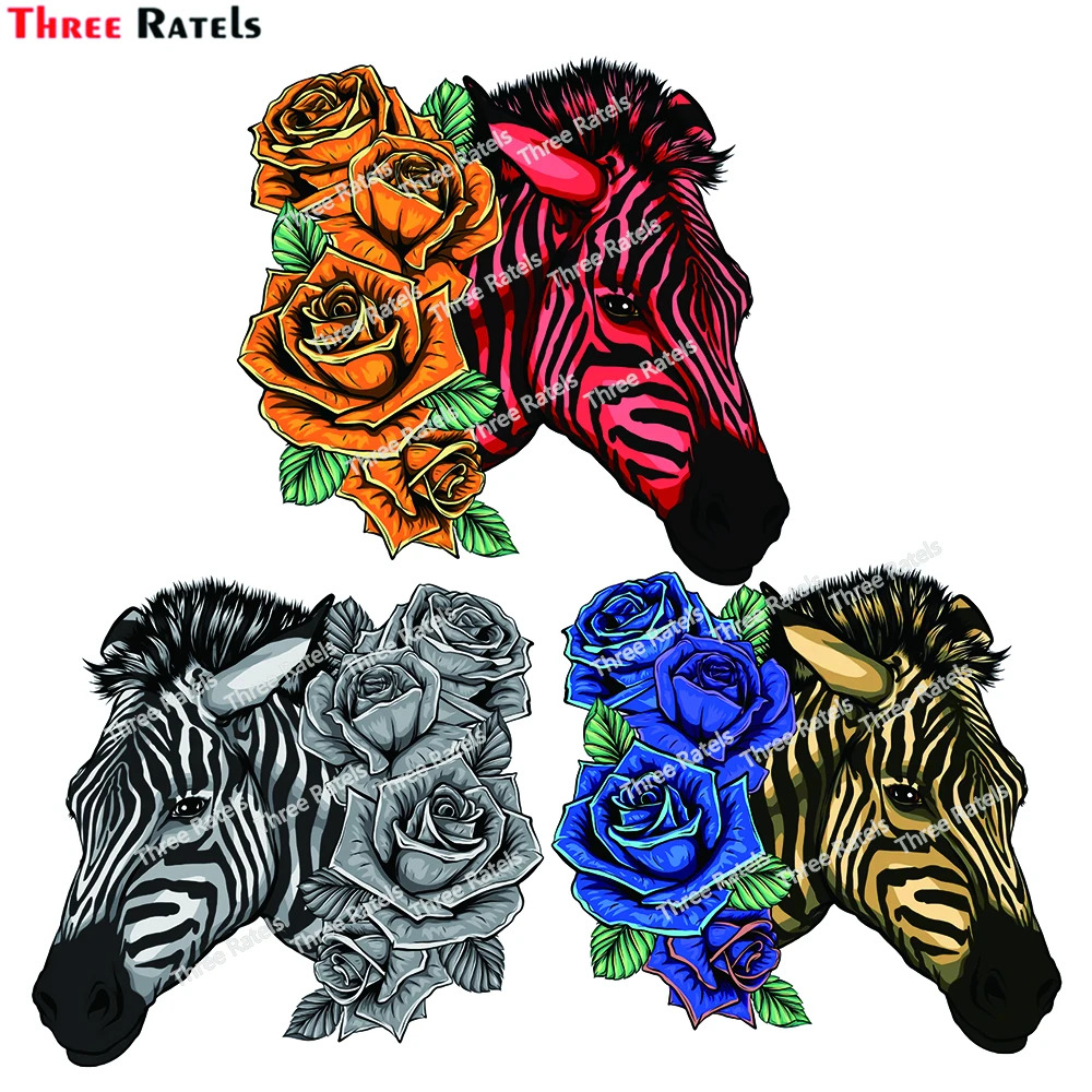 Three Ratels E600 Zebra Head With Red Roses Personalized Creative Scratch Stickers Vinyl Decals Decals