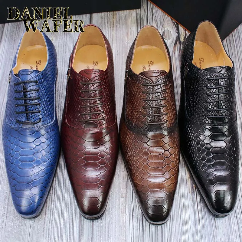 Modische Herren-Lederschuhe mit Schlangenhaut-Aufdruck, klassische Schnürung, Oxford, formell in Wein, Blau, Kaffee, Schwarz – spitze Zehenpartie – Detail 1