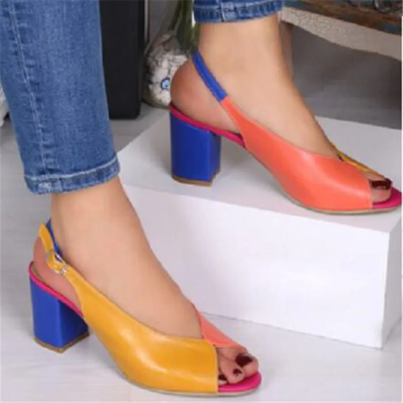 Summer Women Open Toe Square Heel Sandals High Heels Color Matching Woman Dress Sandal Shoes For Female Plus Size34-43