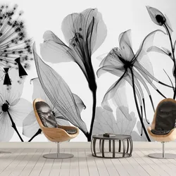 Papier peint moderne peint à la main avec fleurs de pissenlit en noir et blanc, art abstrait 3D, peinture murale, salon