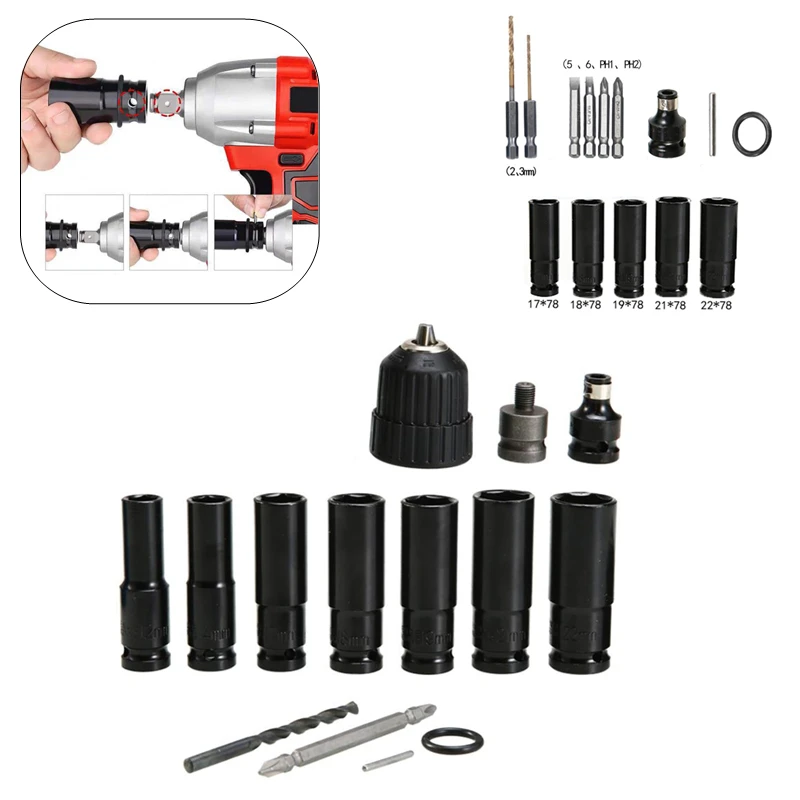 

14 Pc Electric Impact Wrench Hex Socket Head Set Kit Drill Chuck Drive Adapter for Electric Drill Wrench Screwdrivers Power Tool