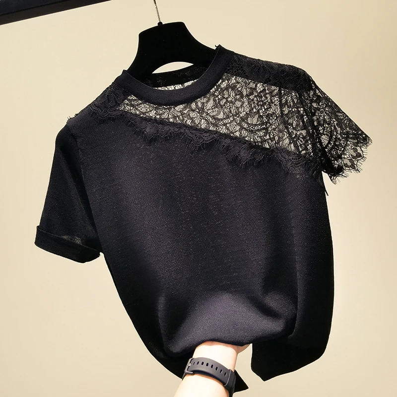 Vintage Black Lace Pullovers Women Sweater Hollow Out Short Sleeve 2022 Summer Woman Clothes Knitted Elastic Womens Pullovers