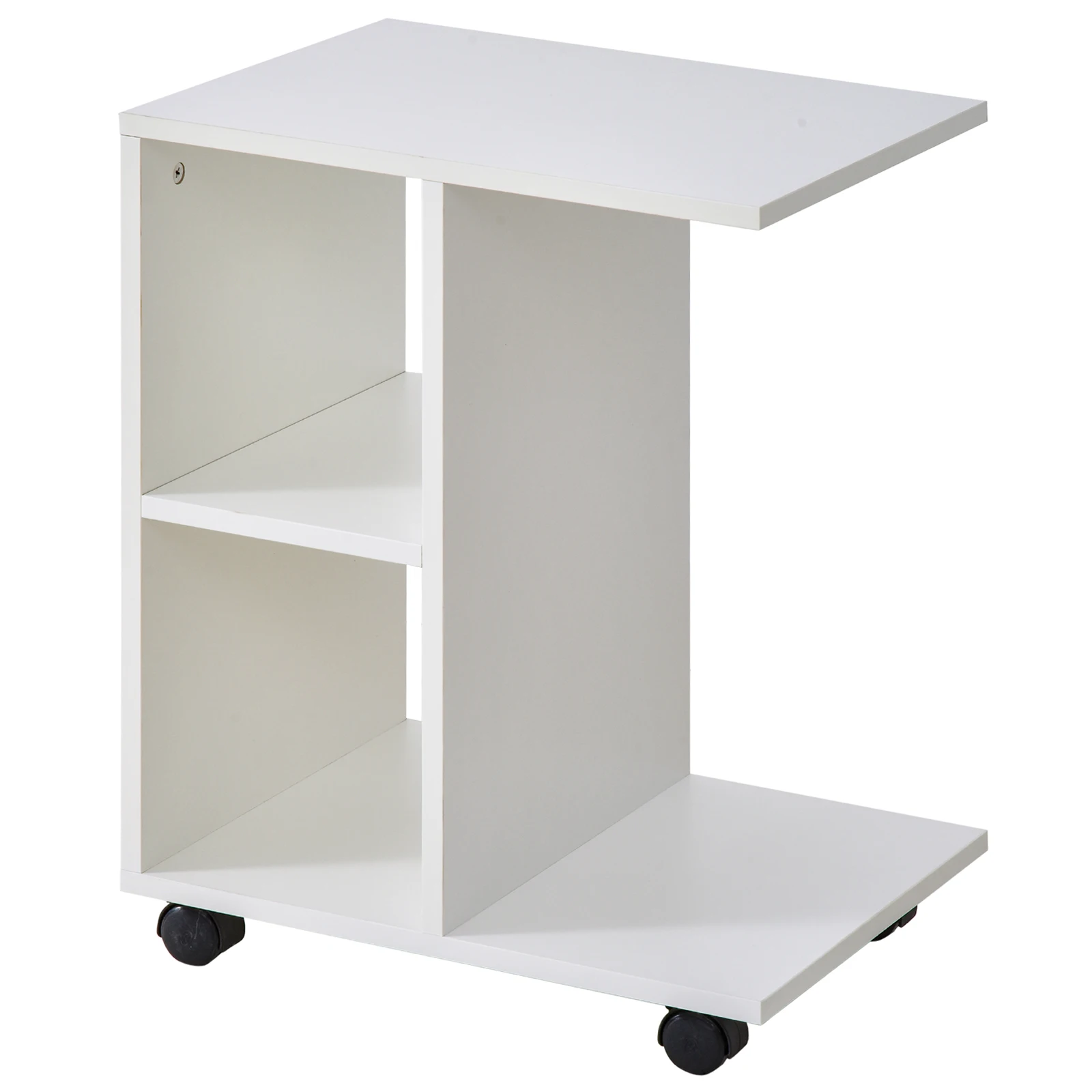 HOMCOM Multifunctional C-shaped Side Table with Open Shelves and Wheels with Lock 45x35x58 cm White