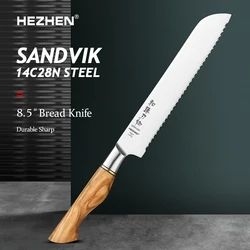 HEZHEN Master Series 8.3 Inches Sandvik 14C28N Steel Bread Knife Kitchen Knives Olive Wood Handle Cut Bread Cake
