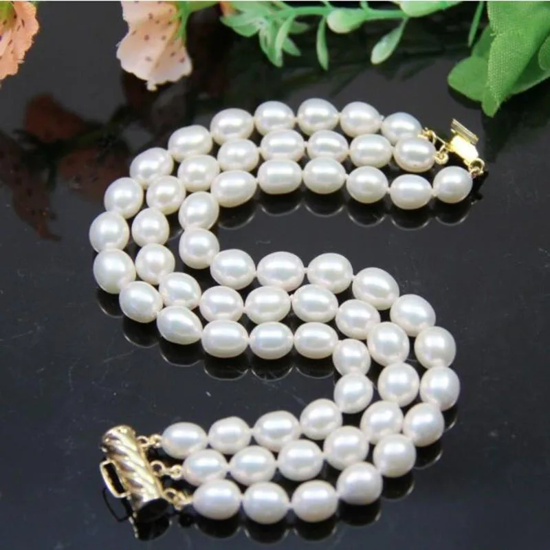 Woman's Gift 3 rows AAA 10-12MM white akoya pearl bracelets 7.5-8