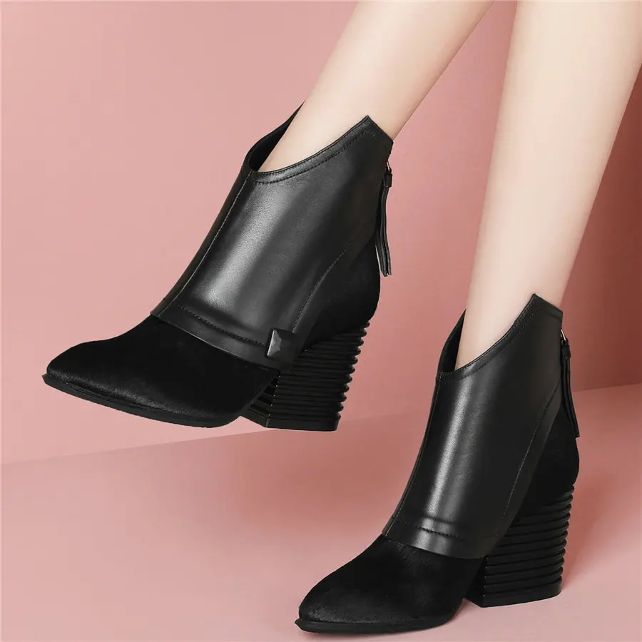 Punk Goth Shoes Women Genuine Leather Chunky High Heels Motorcycle Boots Female Horsehair Round Toe Punk Pumps Shoe Casual Shoes