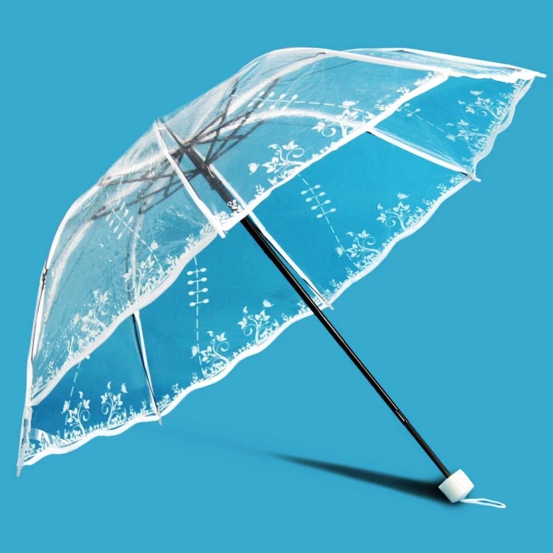 Transparent Fold PVC Clear Flower Printed Women Rainy Umbrellas White Rose Cherry Wedding Umbrella Outdoor Waterproof Parasol