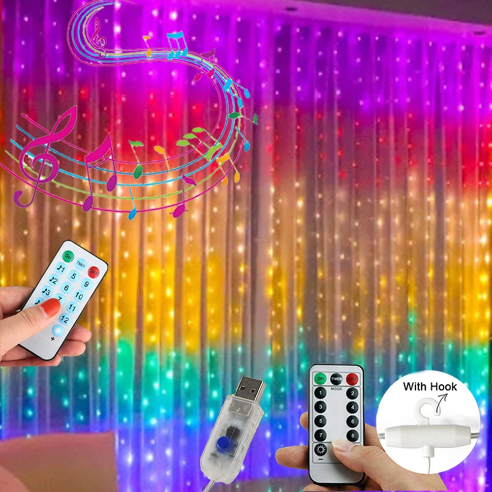 

Music Control Rainbow LED Curtain Fairy String Light, USB Garland Lamp, Remote Control for Christmas Party, Home Window Decor