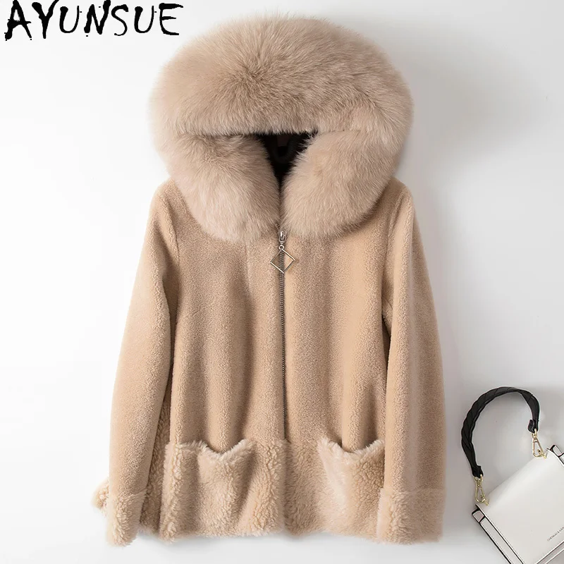 AYUNSUE Real Fur Coat Women Winter Jacket Fox Fur Collar Hooded Sheep Shearing 100% Wool Fur Abrigos Mujer Invierno 2020 SFL1842