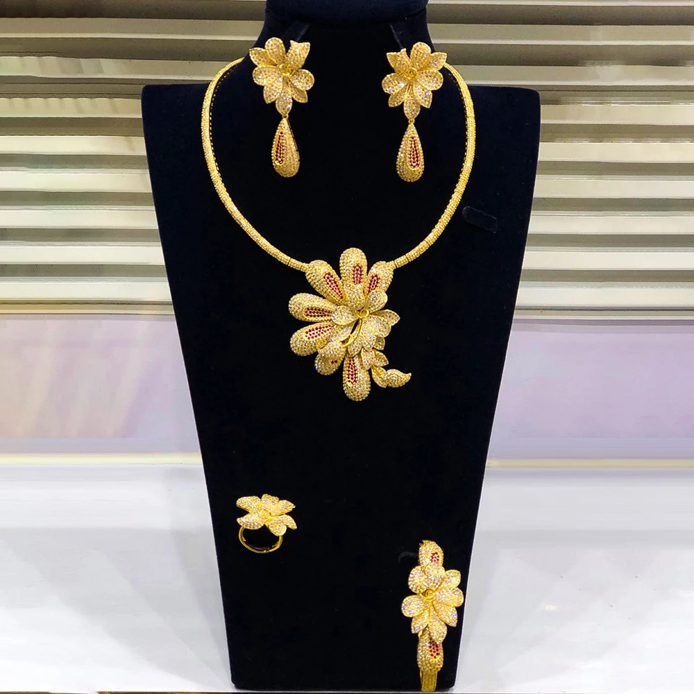 Soramoore Luxury 4PCS Flowers Nigerian Jewelry Set For Women Wedding Engagement Party Cubic Zircon Dubai Bridal jewelry Set 2022