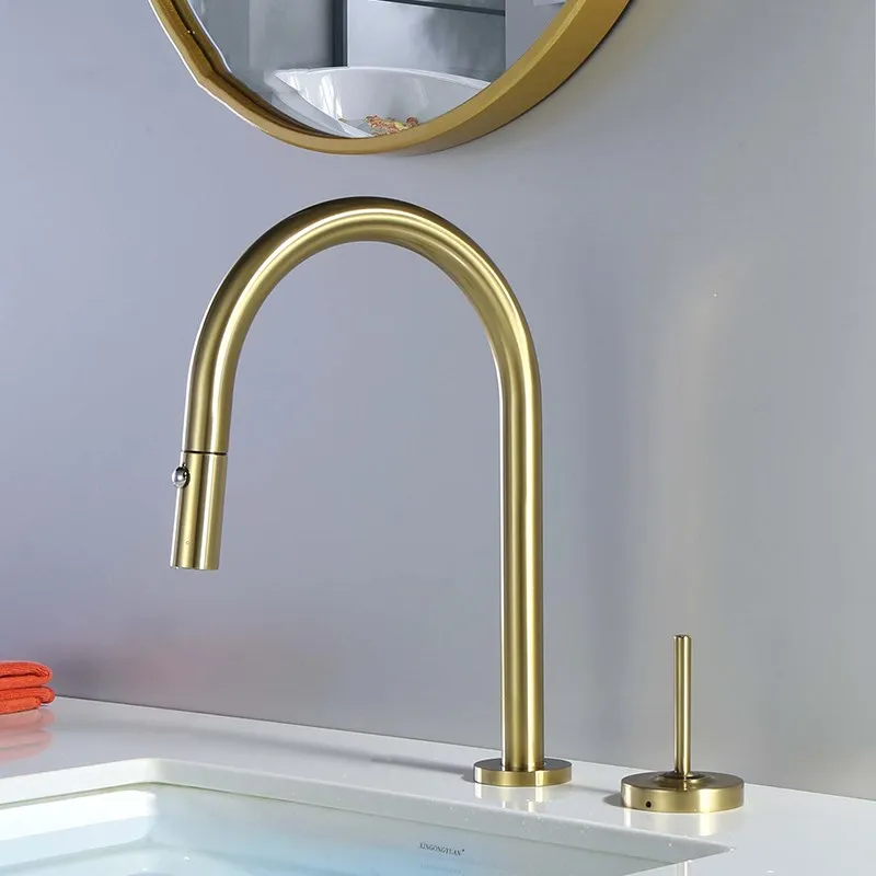 Brush Gold Bathroom Basin Faucet  Lavatory Mixer Tap Brass Double Hole Pull Out Sink tap Brass sink faucet Brass