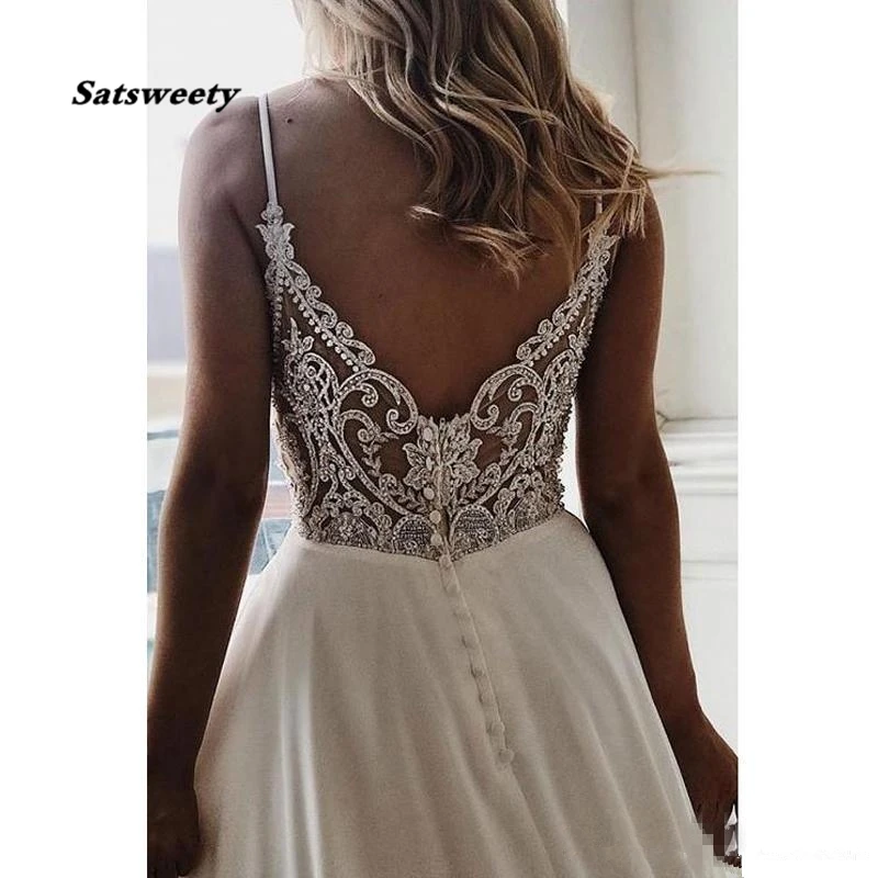 Robe de Mariée en Mousseline de Soie à Col en V, Ligne A, Style Boho, Tenue de Plage Simple, avec des Appliques de Perles, pour Patients Formels, Tout Bon Marché, Personnalisée