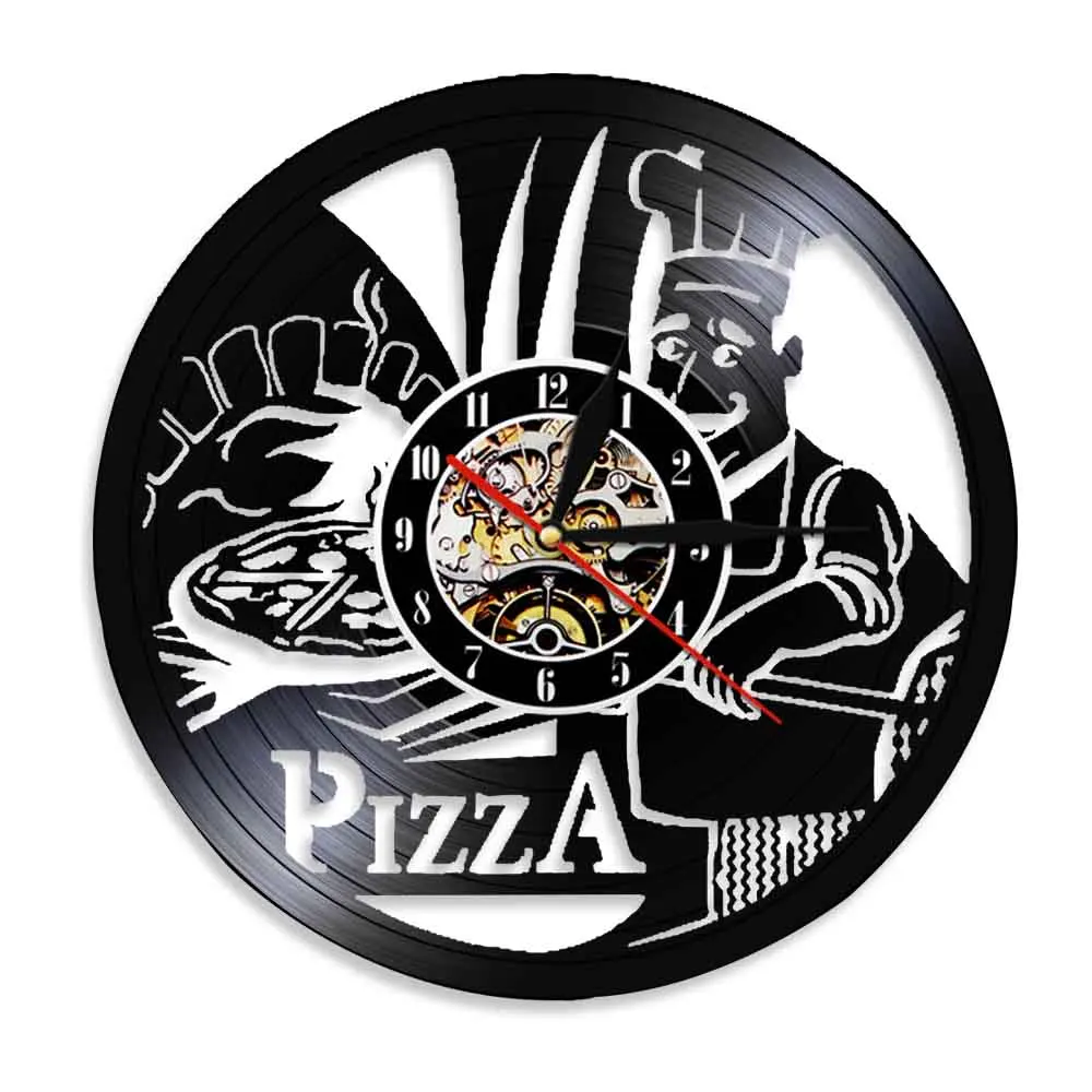 

Pizzeria Gastronome Wall Sign Decorative Wall Clock Pizza Maker Silhouette Vinyl Record Wall Clock Personality Wall Art Decor