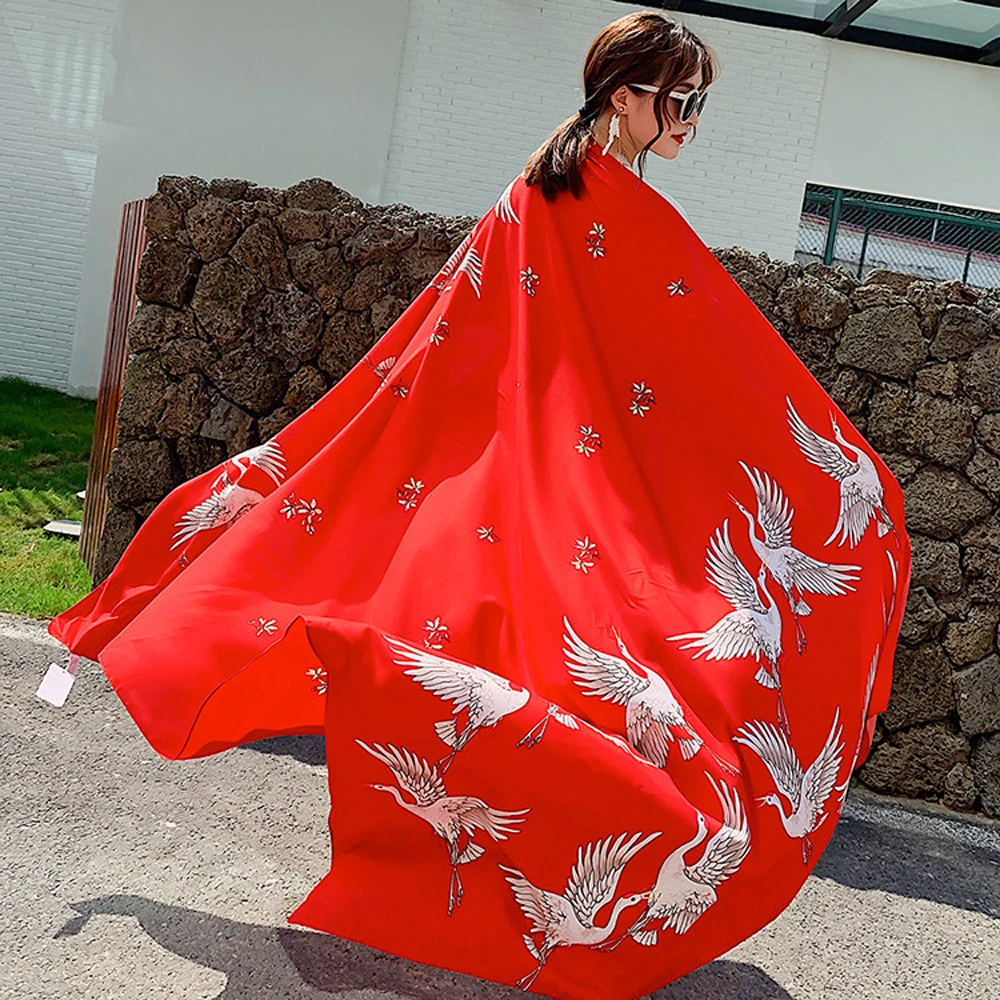 Bufanda de algodón con estampado de pájaros para mujer, chales cálidos de talla grande, protección solar, color rojo, Otoño, 2020