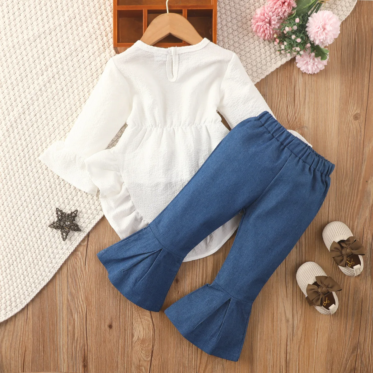 Spring Infant Girl Clothing Sets White Ruffle Tops Blouse Bell-Bottoms Flare Pants Outfit Baby Girl Princess Dress Set Girl Suit