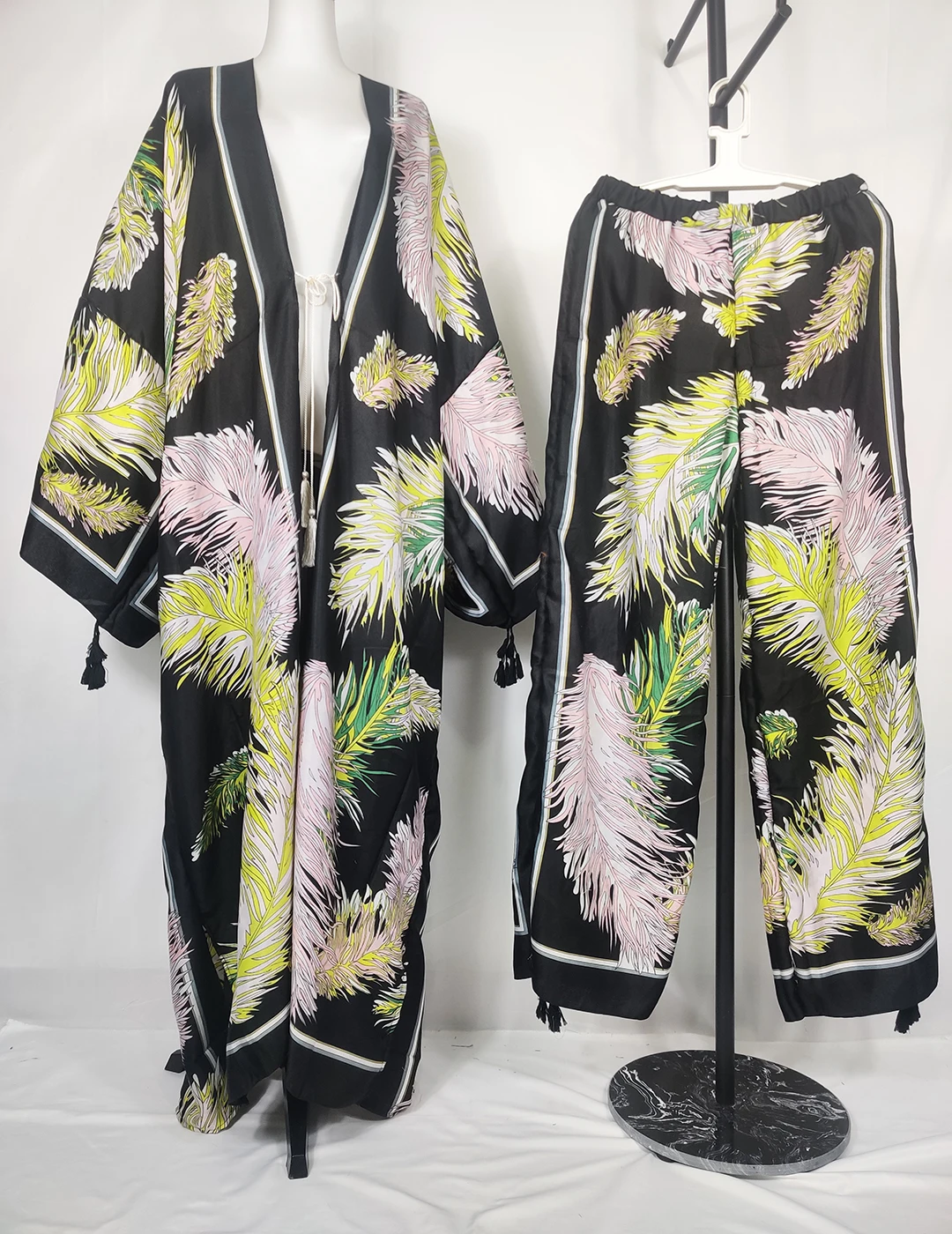 African Women Fashion Outfits Printed Two Pieces Set Plus Size Bohemian Kuwait Loose Kaftan Pants +Long Kimonos For Party