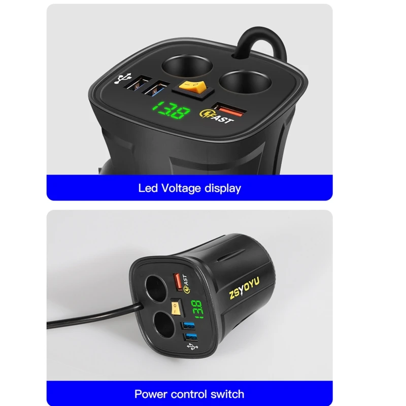 

Автомобильный разветвитель на 2 гнезда для внедорожника, зарядное устройство USB QC3.0 с вольтметром, переключателем включения/выключения